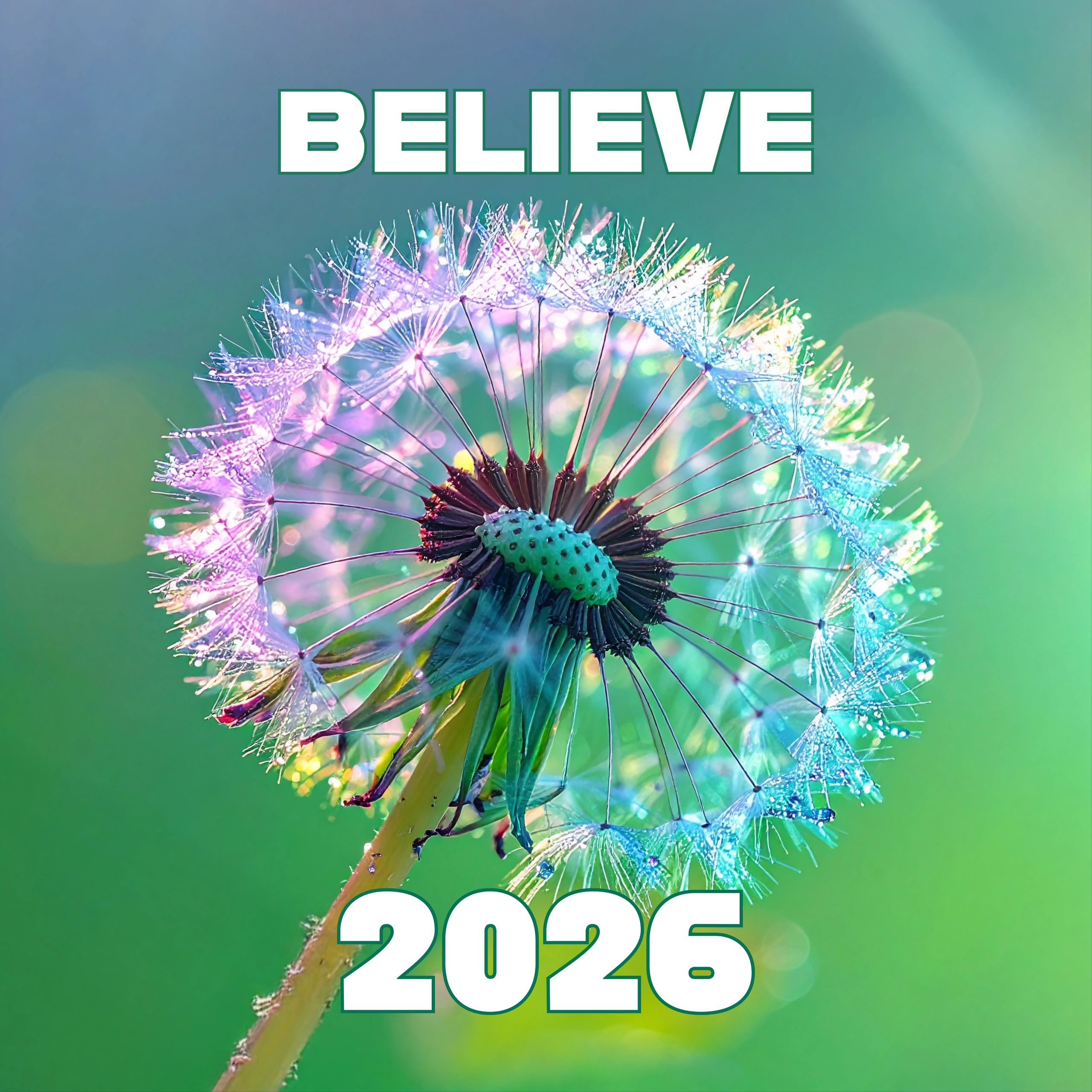 Colorful dandelion with "BELIEVE 2026" text.