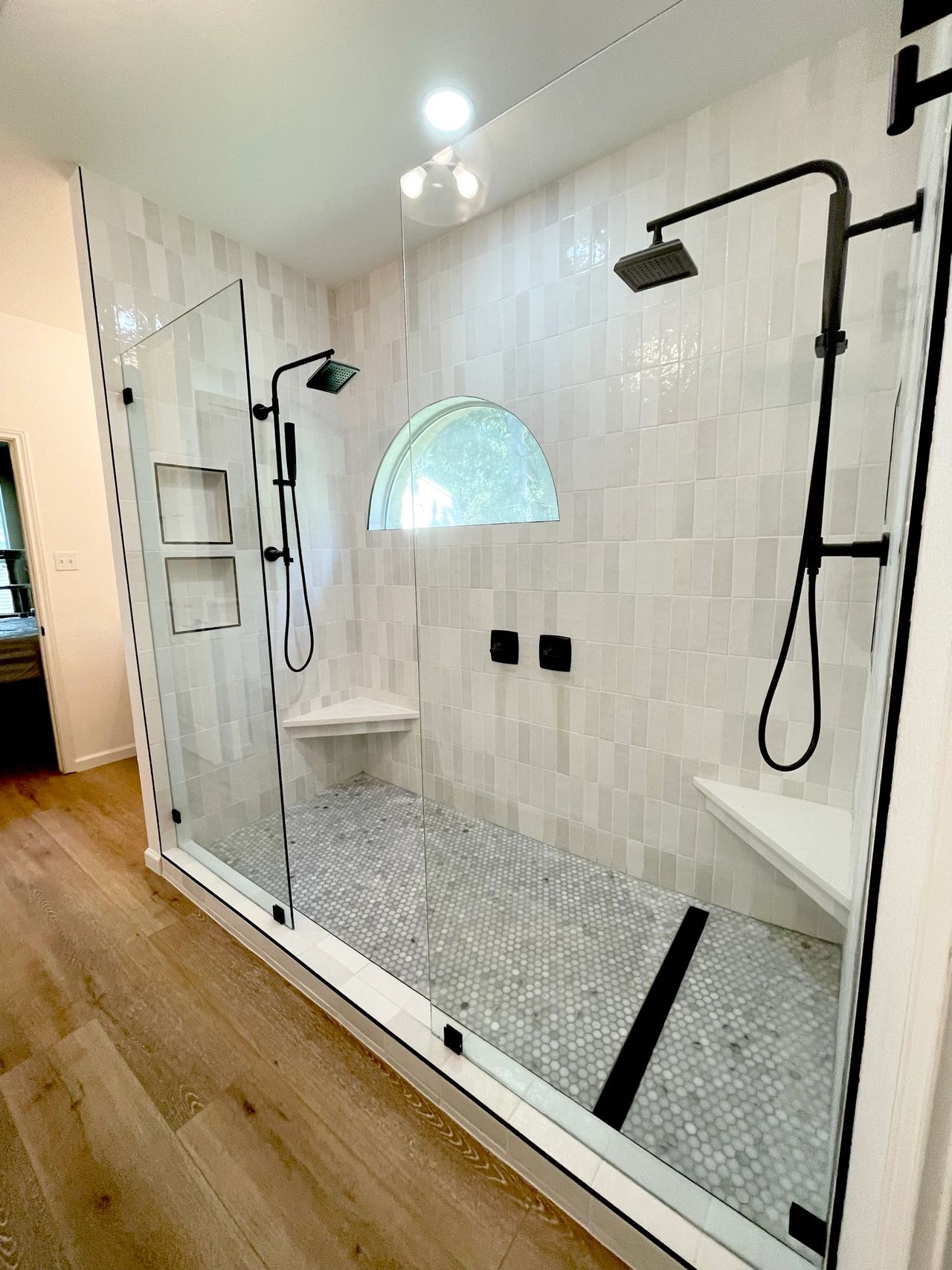 Universal Design Bathroom Remodel in Austin, TX. Low entry shower pan. Slip-resistant flooring. Universal Design Bathroom Remodel in Austin, TX. Low entry shower pan. Slip-resistant flooring.