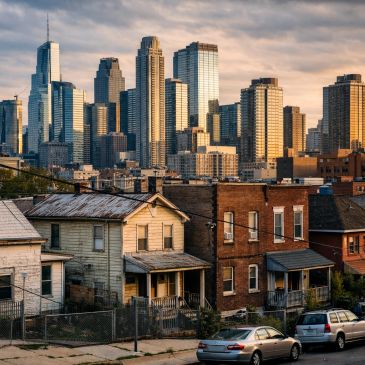 City skyline with modern skyscrapers behind older residential houses.
