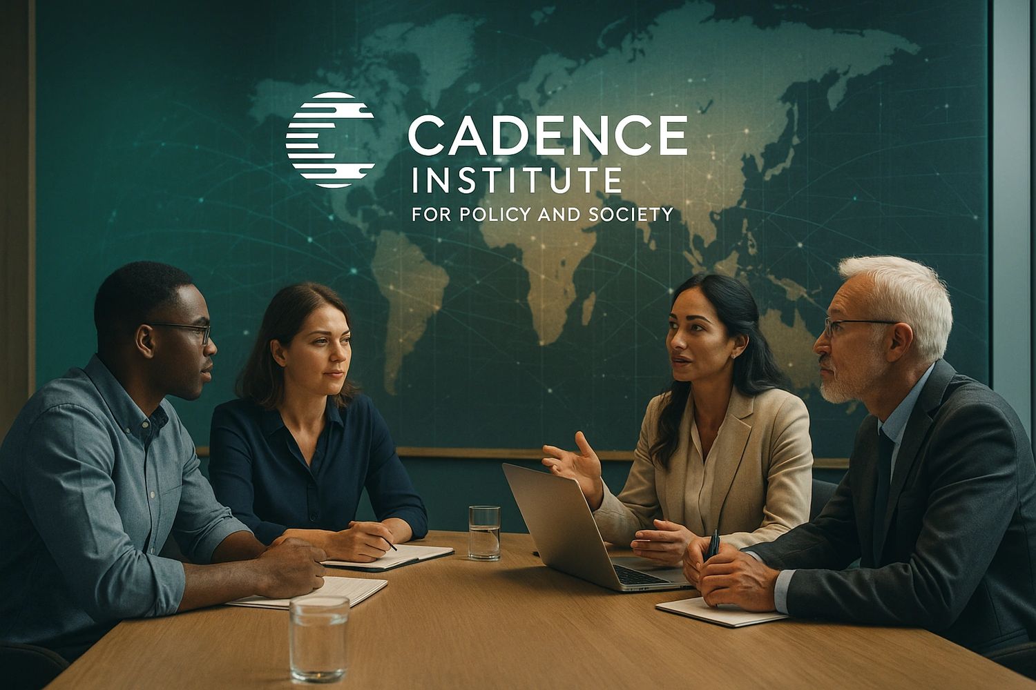 Diverse group discussing policy at Cadence Institute meeting.