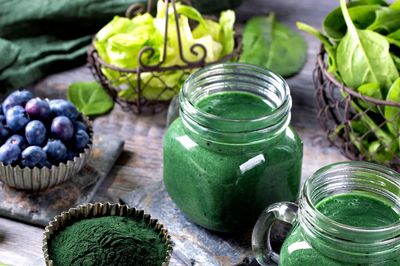 The natural sources of ingredients displayed in a beautiful layout, Spirilina in cup cakes 