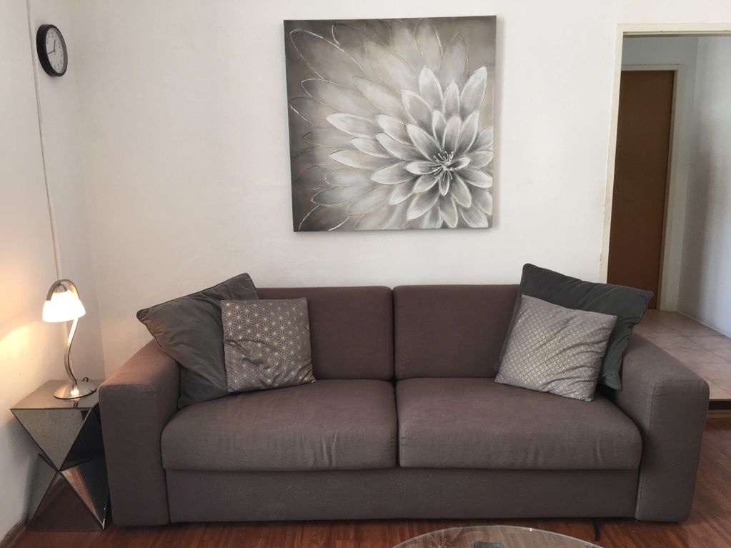 living room with grey couch and flower art on the wall