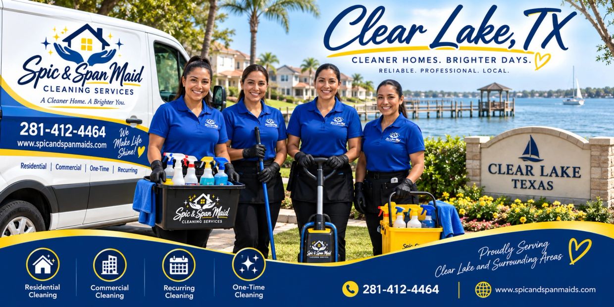 Spic &amp; Span Maid cleaning team in Clear Lake, TX with cleaning supplies and van.