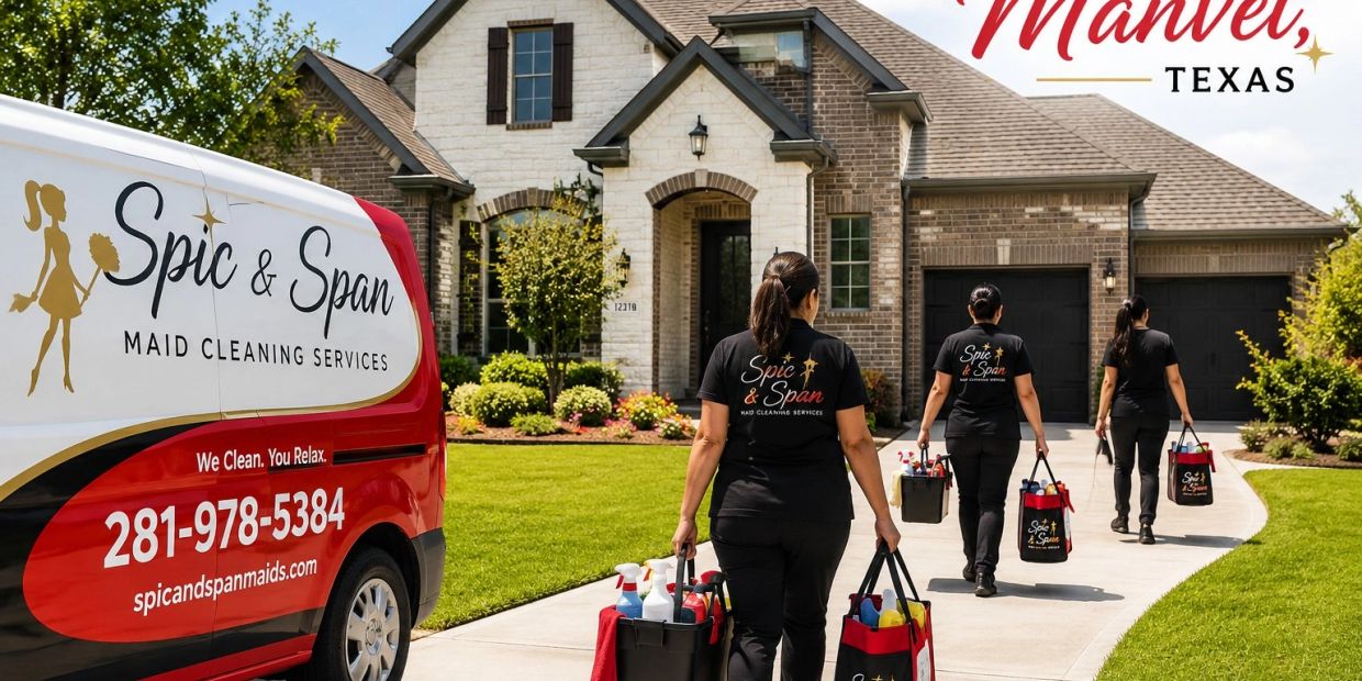 Three cleaning staff walking to a house with cleaning supplies.
