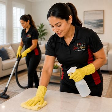 Two women cleaning a home with gloves and cleaning supplies.
