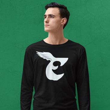 man wearing a black long sleeve tee with retro philadelphia eagles logo