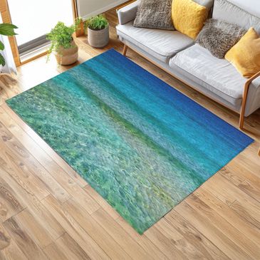 Coastal Ocean Waves rug | Serene Blue Teal Waters Beach Calm Bay Mat | Shore Carpet