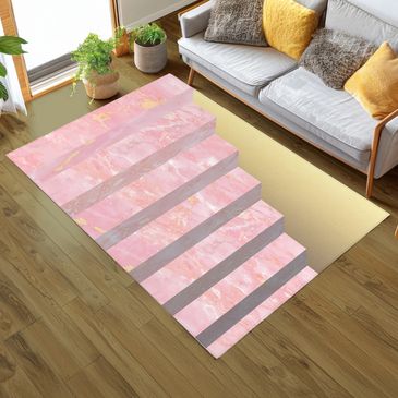 Optical Illusion Rug | Pink Marble 3D Stairs Accent Mat | Optical Geometric Steps Pattern Carpet