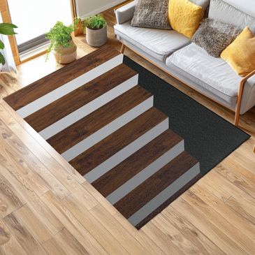 Optical Illusion Rug | 3D Wood Tread Geometric Steps Carpet | Mat for Modern Rooms
