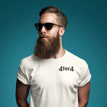 philadelphia sports fan with sunglasses and beard wearing a 4 for 4 philly sports shirt