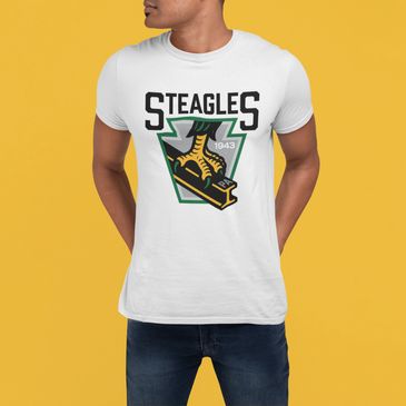 man wearing a steagles mashup t shirt  with logo created by tom gabor for vania apparel
