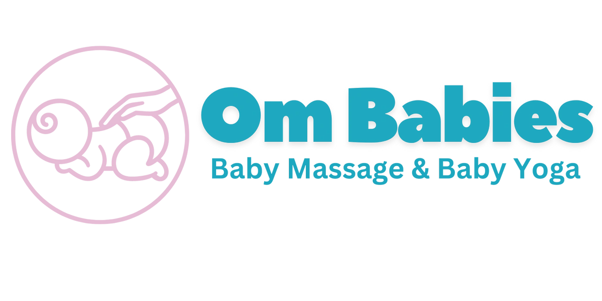 Om Babies Baby Massage and Baby Yoga Logo. Pink and blue with baby and hand.