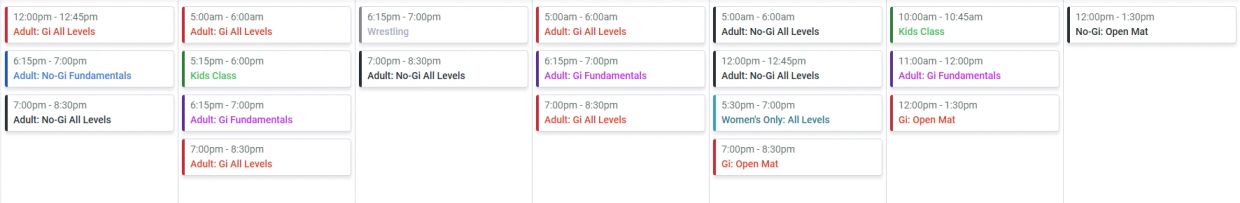 Weekly class schedule for various adult and kids martial arts levels.