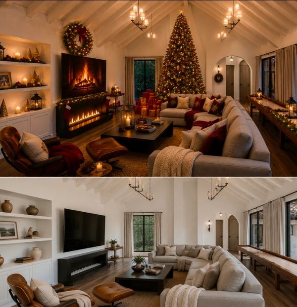 Cozy living room decorated for Christmas with a large tree and warm lighting.
