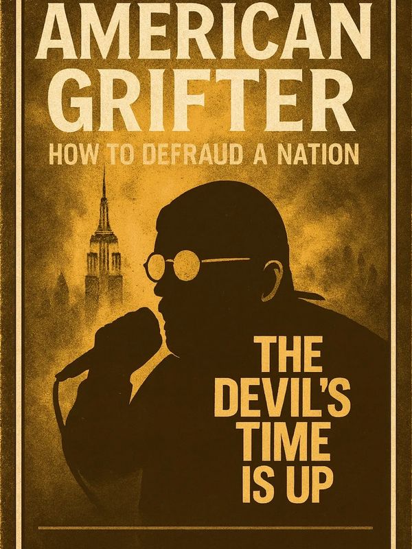 Poster showing a silhouette with glasses and microphone, titled 'American Grifter: How to Defraud a Nation'.