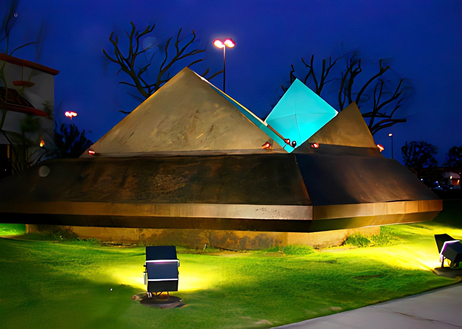 Illuminated pyramid sculpture at night.