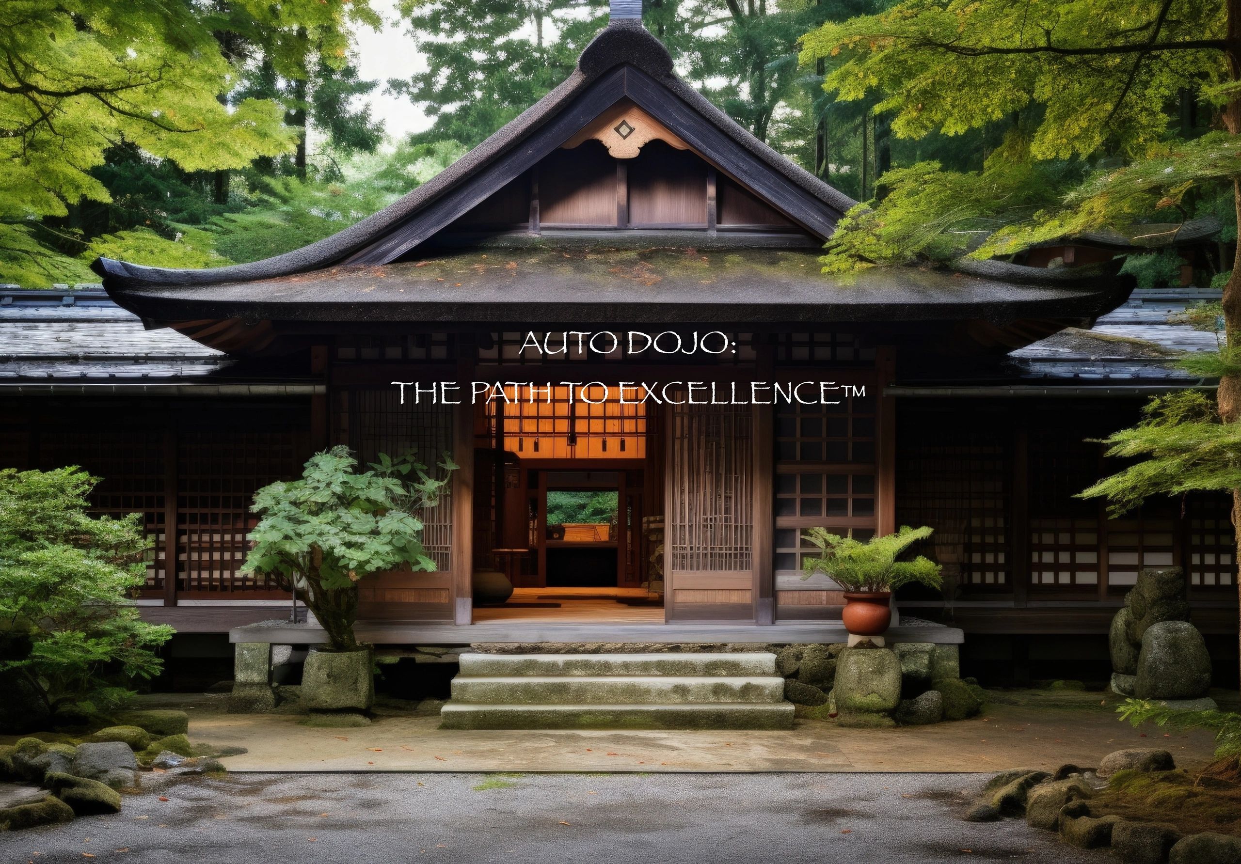 Traditional Japanese dojo entrance surrounded by lush greenery.
