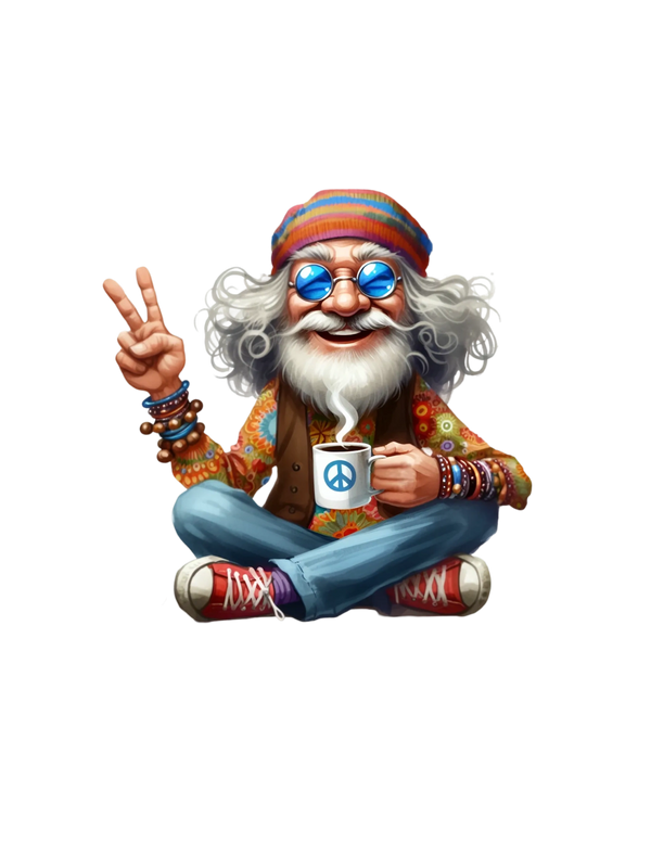 Happy hippie man with a peace sign and coffee cup.