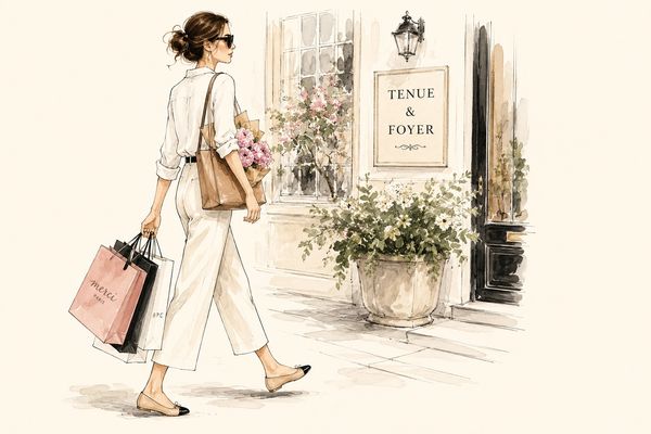 Woman carrying flowers and shopping bags walking in front of a building.