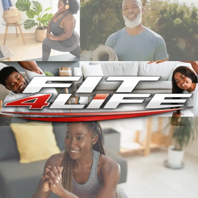 Diverse people enjoying fitness activities promoting health and wellness with FIT4LIFE logo.