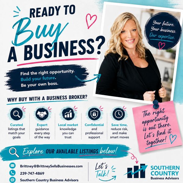 Business broker advertisement encouraging buying a business with expert guidance and support.