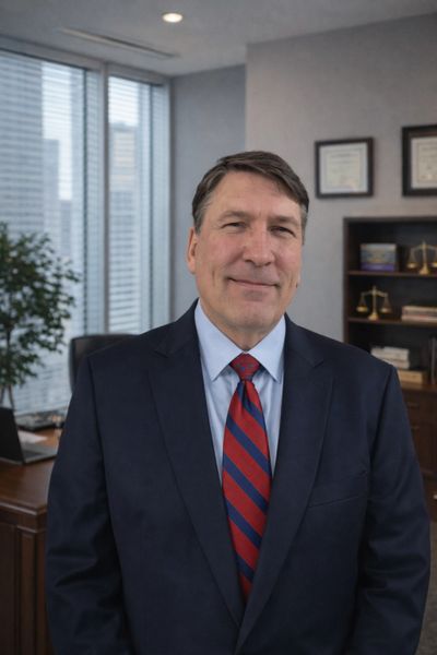 Professional man in suit and red striped tie in office setting.