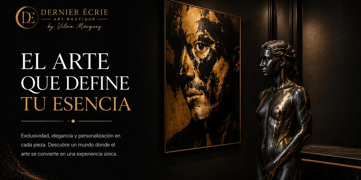 Art boutique showcasing elegant black and gold contemporary art and sculpture.