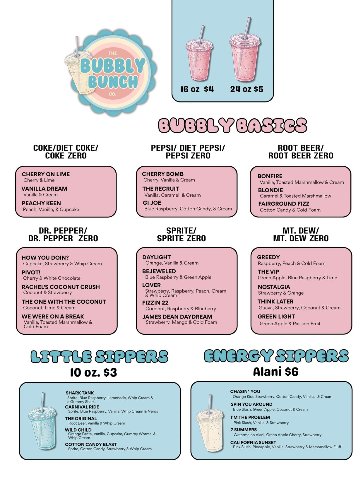 Menu of The Bubbly Bunch with various soda-based flavored drinks and energy sippers.