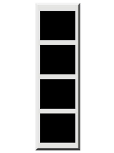 A white photo frame with four empty black rectangular slots.