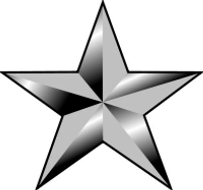 A shiny metallic silver star with a black background.