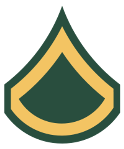 U.S. Army Specialist rank insignia with gold chevron on green.