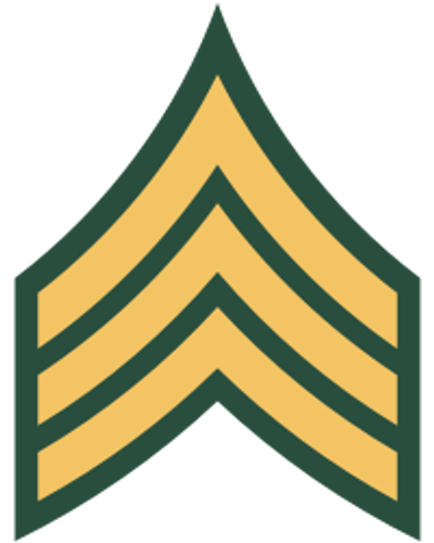 Military rank insignia with three gold chevrons on a green border.