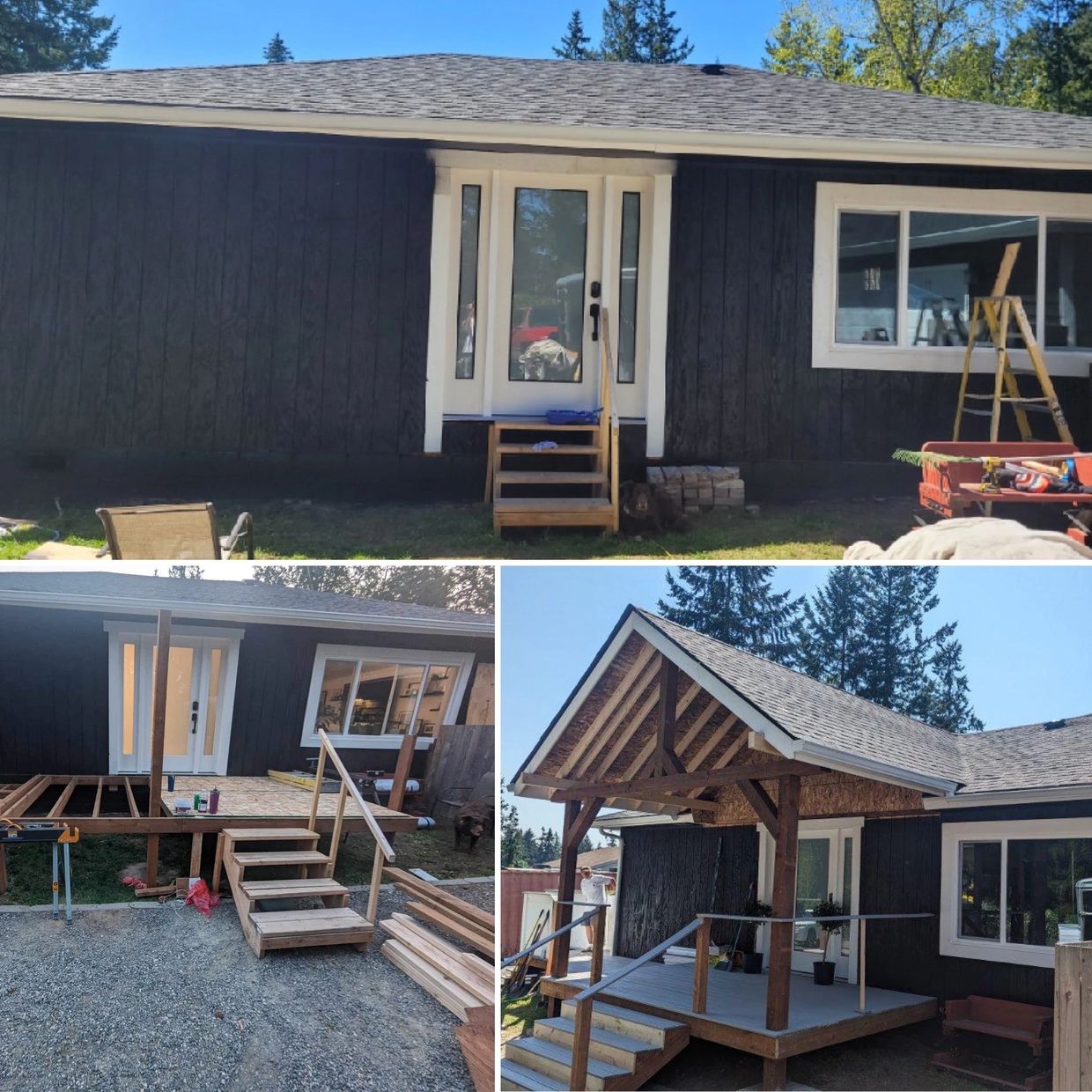 Top-Original Front of House.Bottom Left-Front of House in progress.Bottom Right-Final with Dormer.