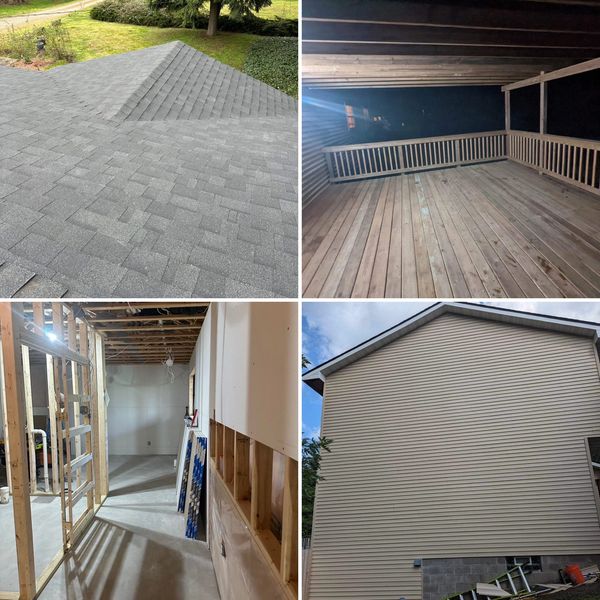 Asphalt Shingle Roof. Cedar Deck with Pergola. Room Framing and Dry Wall Hanging. Siding. 