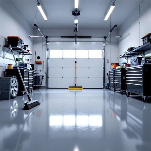 Clean, organized garage with tools and broom.