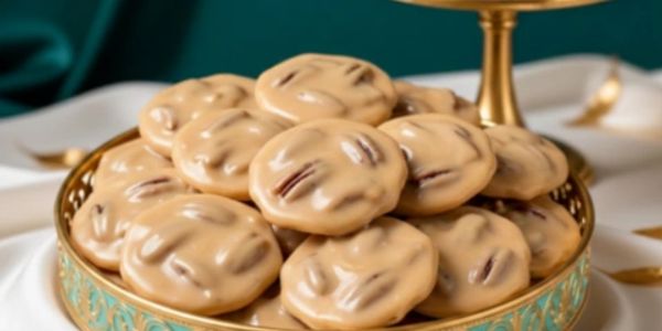 Southern Royalty Vegan Pecan Pralines on a teal and gold tray. 