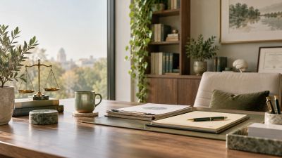 Well-organized office desk with legal scale and documents.