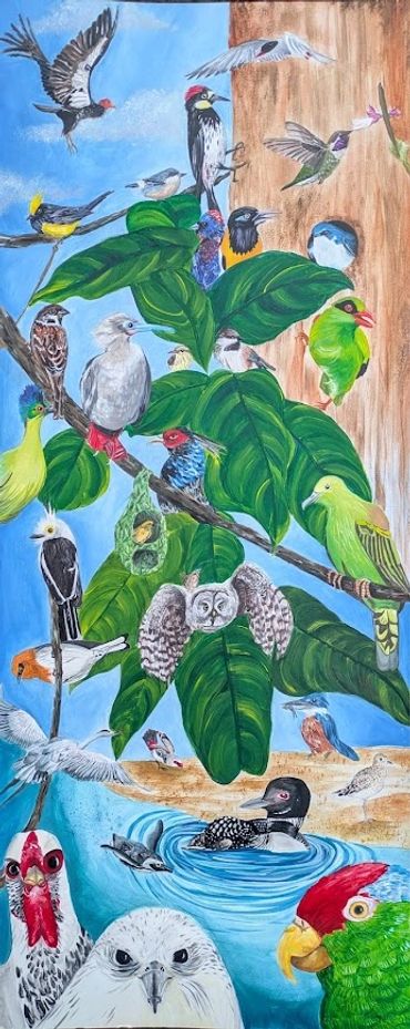 A colorful painting featuring various bird species perched on branches and flying.