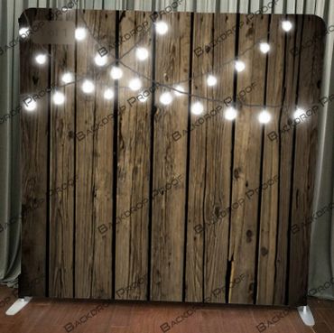 Dark Wood with String Lights Backdrop for Photo Booth Rental, VIP Step and Repeat or Video Guestbook