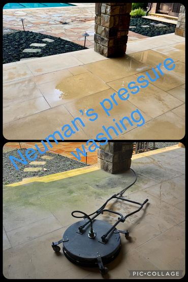 Before and after patio cleaning using a surface cleaner by Neuman’s Pressure Washing.