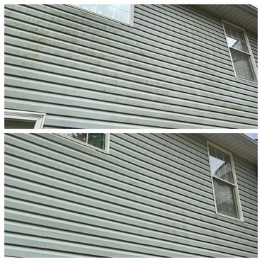 Vinyl siding transformation before and after pressure washing.