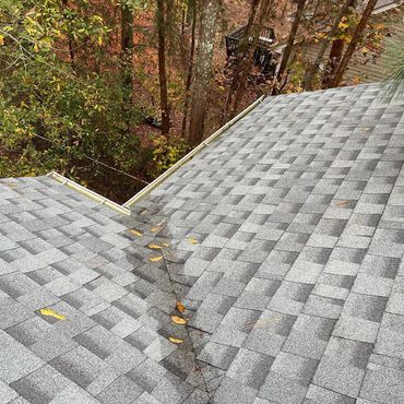 Pine needle and leaf cleanup on a roof (before and after). 