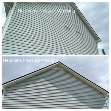 Before and after of a tall vinyl-sided house wall cleaned with pressure washing, removing dirt and m