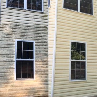 Window sill and surrounding siding: previously dirty and weathered, now clean and bright.
