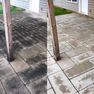 Before and after image of a patio cleaned with professional pressure washing.