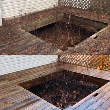 Before and after of a pressure-washed wood deck.