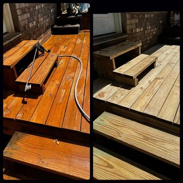 Clean wood deck before and after pressure washing.