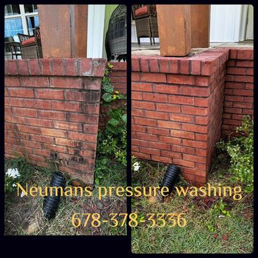 Dramatic before and after of a freshly cleaned brick column.