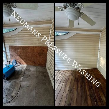 Dramatic results of professional pressure washing a deck.