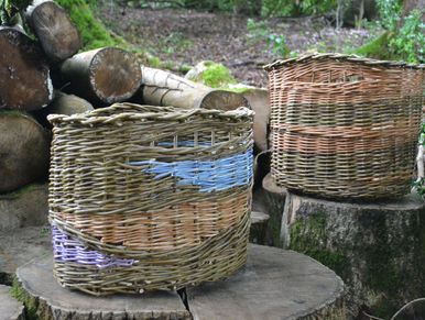 Two oval baskets with raised handles displayed on logs in dappled sunlight